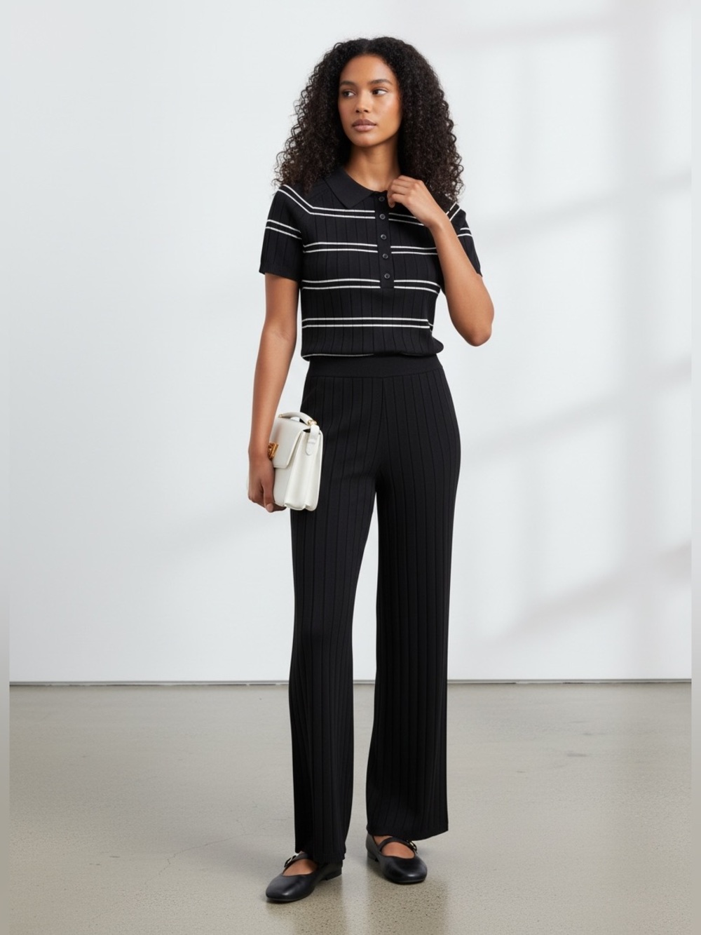 1330 • Black RibKnit White Striped Collared Top High Waist Pants Stretch Set